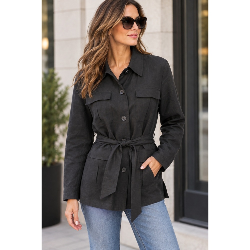 Pursuits Ltd Safari Jacket Women M Black Linen Quiet Luxury Belted Utility Coat